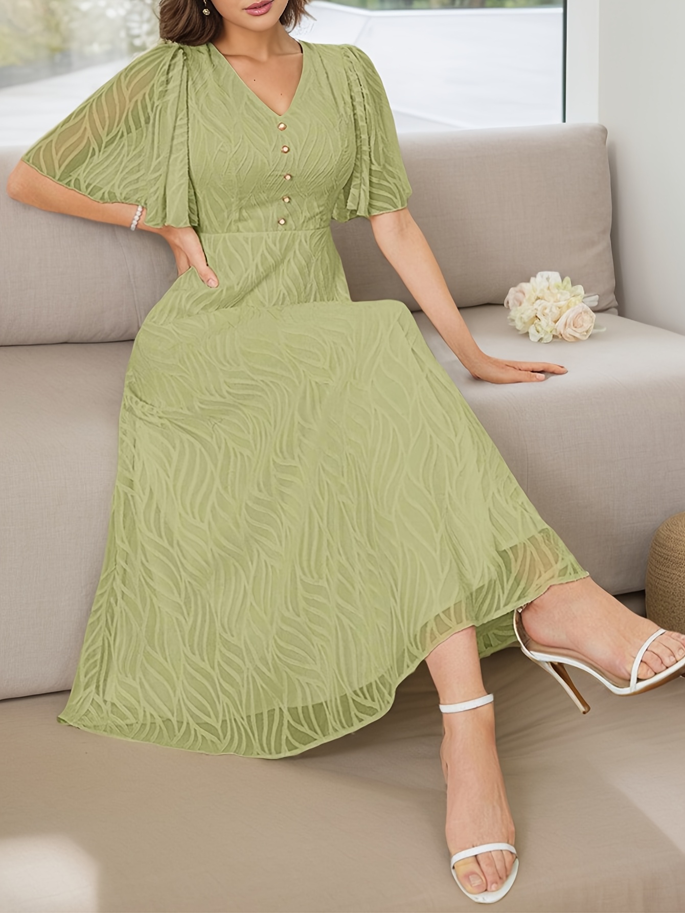 Womens Sage Green A Line Midi Dress with Flutter Sleeves