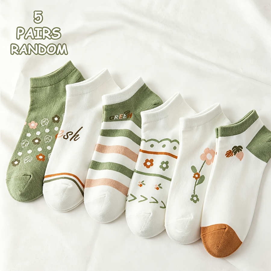 TEMU 5-pair Random Assortment Women's Floral Striped Ankle Socks, Forest-inspired , Versatile Green Plant Pattern, Lightweight And Breathable,