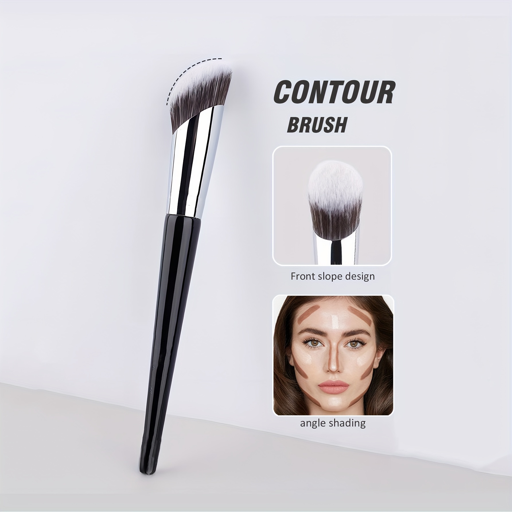 Image of Professional Contour Brush - Angled For , Blush & Powder Application, Nylon Bristles, Wooden Handle, Fragrance-free