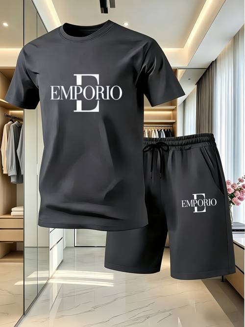 trendy pattern print breathable short sleeve top sportswear set stylish casual mens sportswear set trendy t shirt shorts 2pcs set