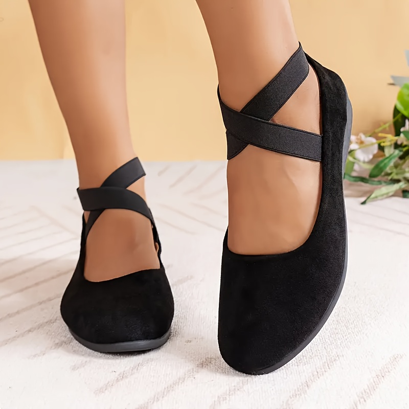 TEMU Women's Low Wedge Flats Dress Shoes Elastic Criss Cross Ankle Straps Round Toe Walking Loafers Soft Ballet Pumps For Office Work Daily Casual,