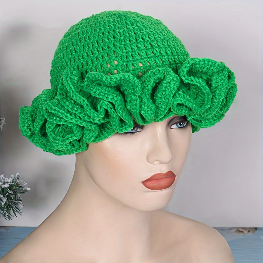 

Women's Fashion Knit Cap Handmade Crochet Wave Edge Ruffle Hat Casual Woolly Cotton Knitted Hat Craftsmanship Inelastic Cap Without Feathers