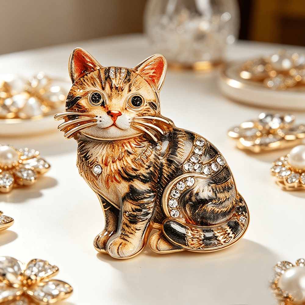 TEMU 【可愛い】猫が座っているエナメル、カラフルなラインストーンのキットピン、猫好きへのファッションアクセサリーギフト