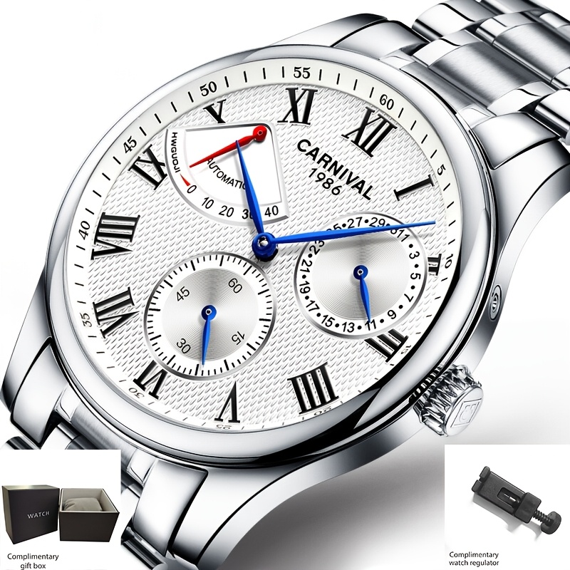 Image of [ I&w Carnival] New Fashionable Multi-functional Men's Mechanical Watch, Stainless Steel Waterproof Automatic Winding Men's Wristwatch, Festival Gift
