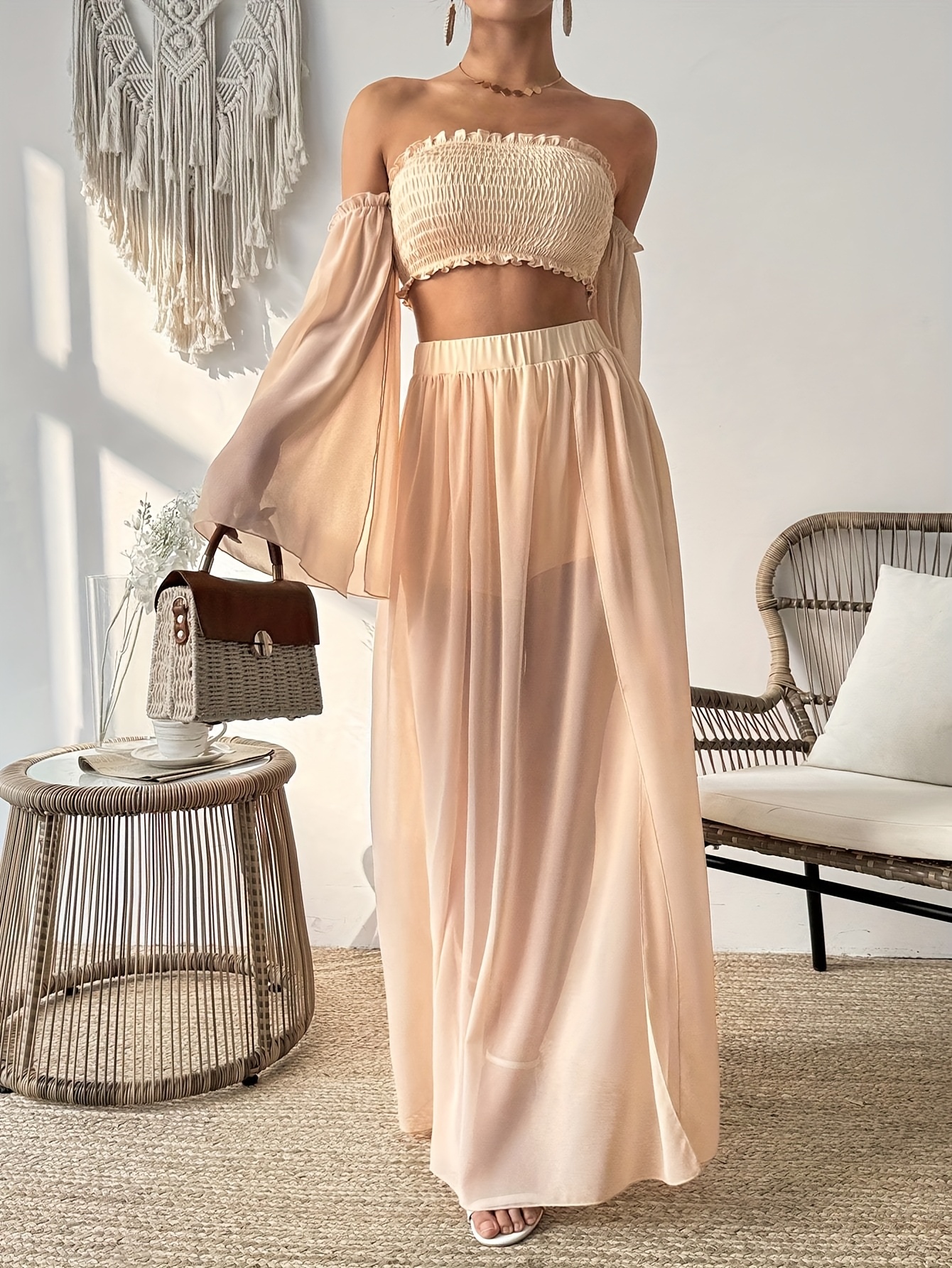 Women'S Elegant * Sheer Chiffon Tulle 2pcs Set, Off-Shoulder Blouse with  Chest Ruched And Flared Long Sleeves, Skirt with Side Slit And Shorts  Lining, Suitable for Beach Vacation, Photography, ...