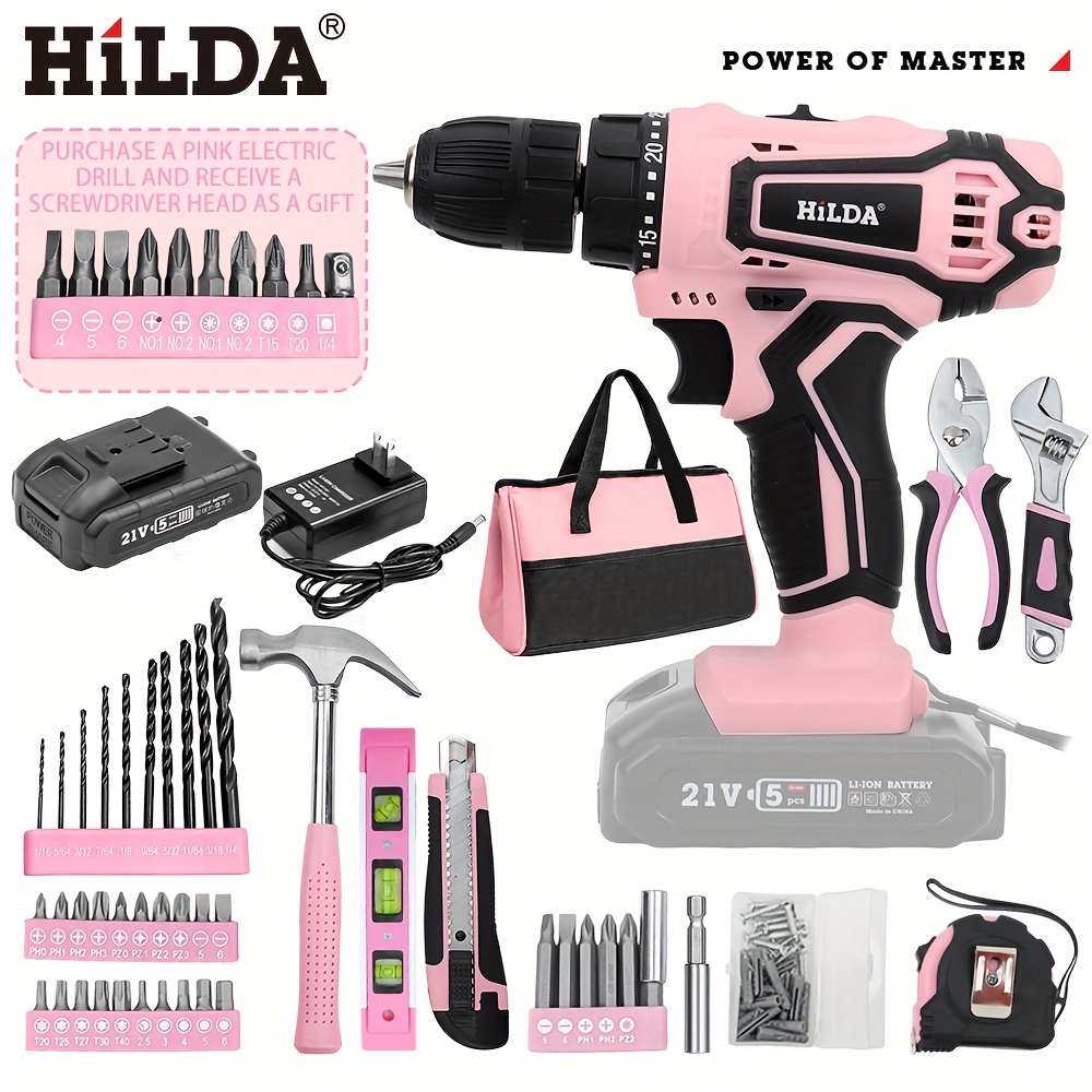 pink cordless 21v lithium-ion drill driver set, battery, charger