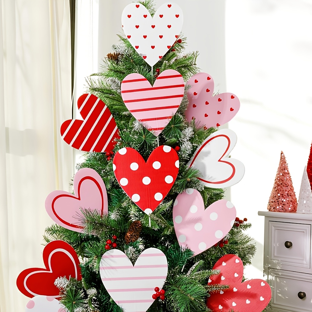 

12pcs Valentine's Day Ornaments Set - Extra Large In Red, With Stripes And , Ideal For Home & Wedding Decor, Lightweight Plastic, No Power Required