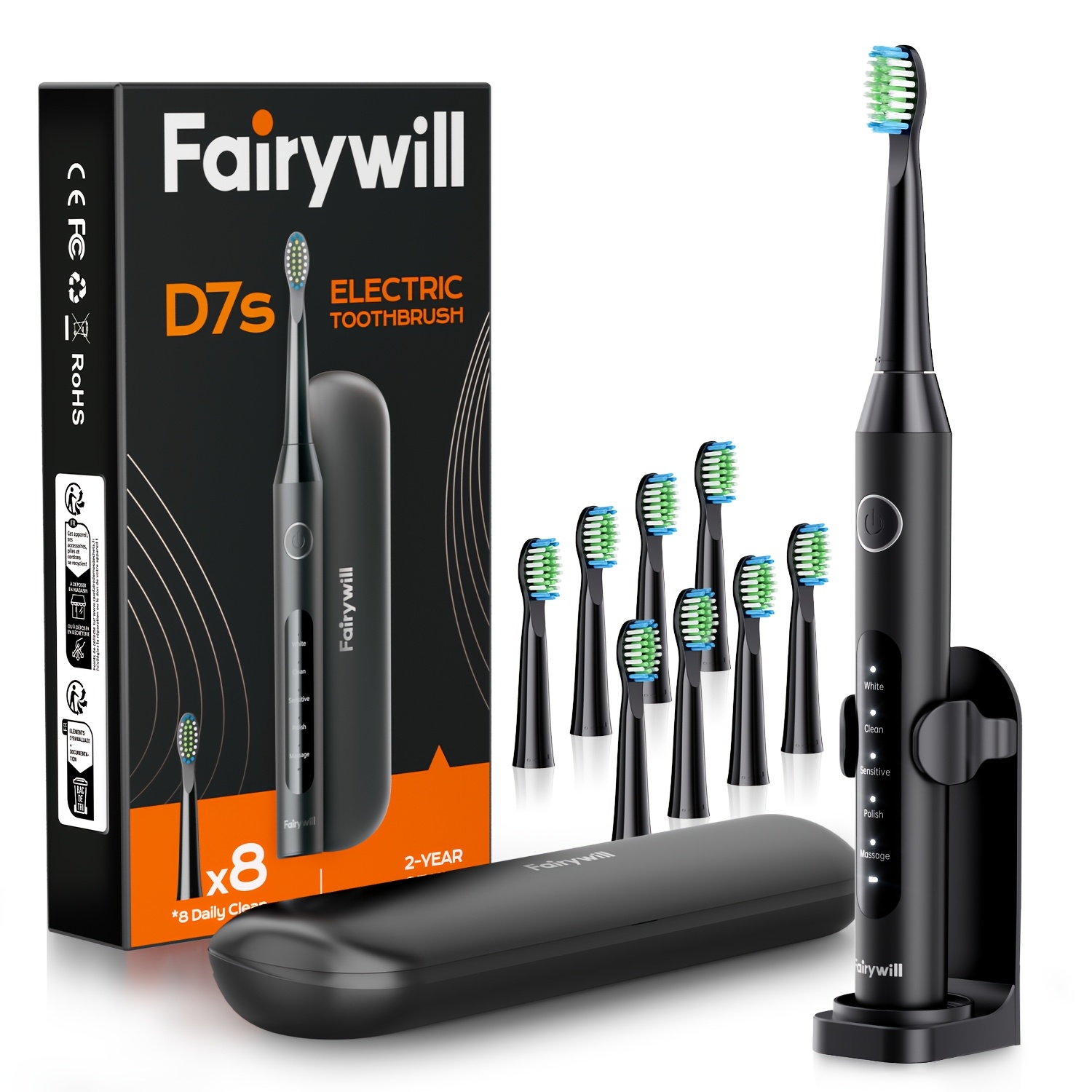 Image of Fairywill Electric Toothbrush For Adults, Rechargeable Kit With 8 Brush Heads & Travel Case, 47000 Vpm, 5 , Fast Charge, 60-day Battery