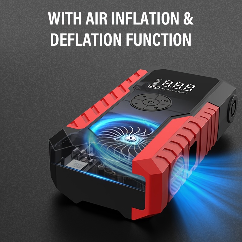 5000a portable wireless car jump starter with air compressor 20000mah lithium polymer battery fast charging usb c power bank 12a output led flashlight for 12v cars trucks suvs motorcycles emergency light inflator pump in one compatible with 8 0  1 72 diesel engines   off grid use compact portable design Product details 3