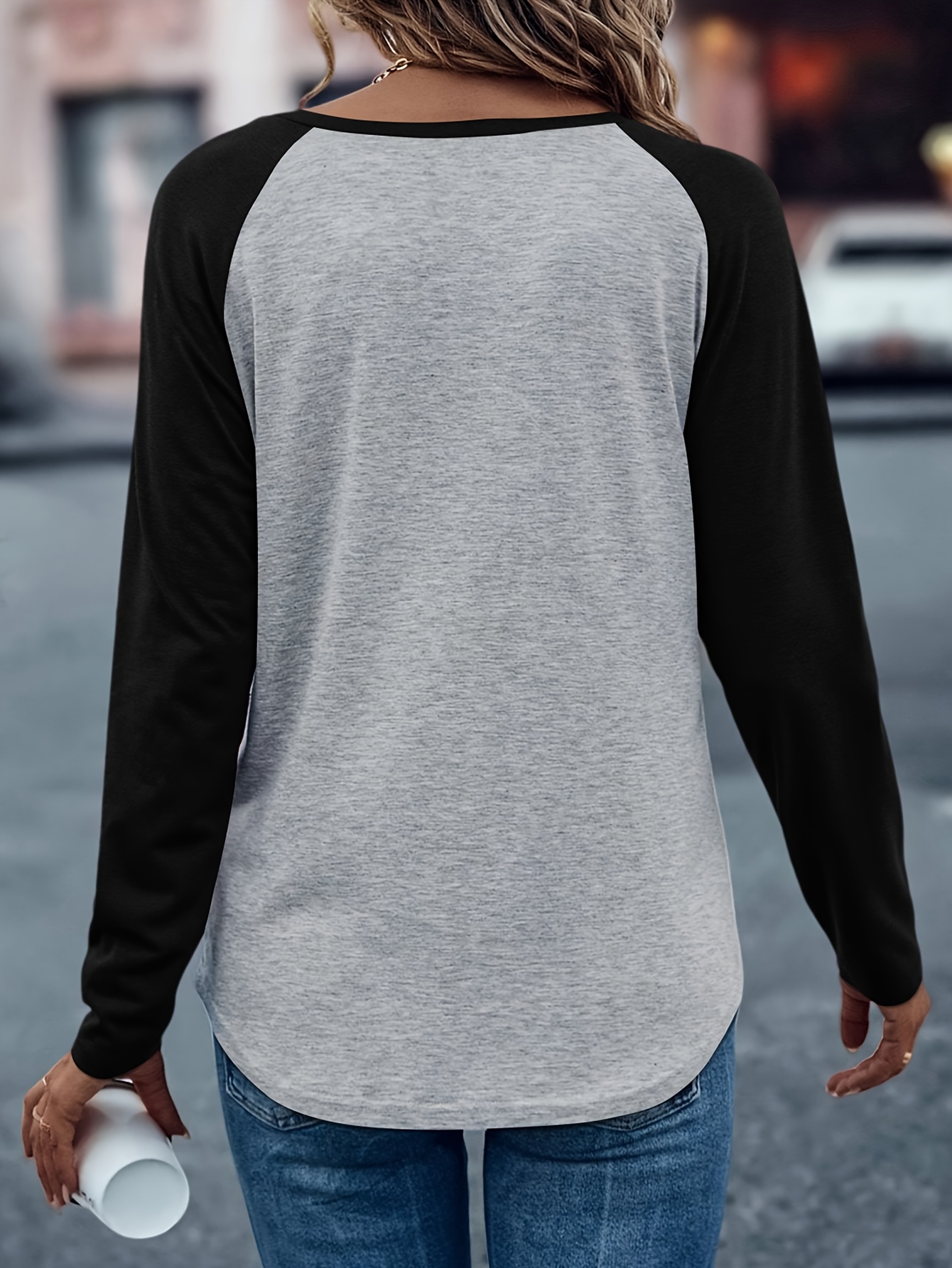 womens casual raglan long sleeve t shirt black light grey - Temu