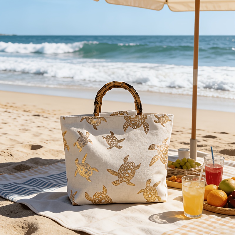 E-shop Damen Strandtasche mit großem Fassungsvermögen, goldener Prägung, Meeresschildkröte, Bambusgriff, Handtasche, Strandurlaub, Reise, Freizeit,