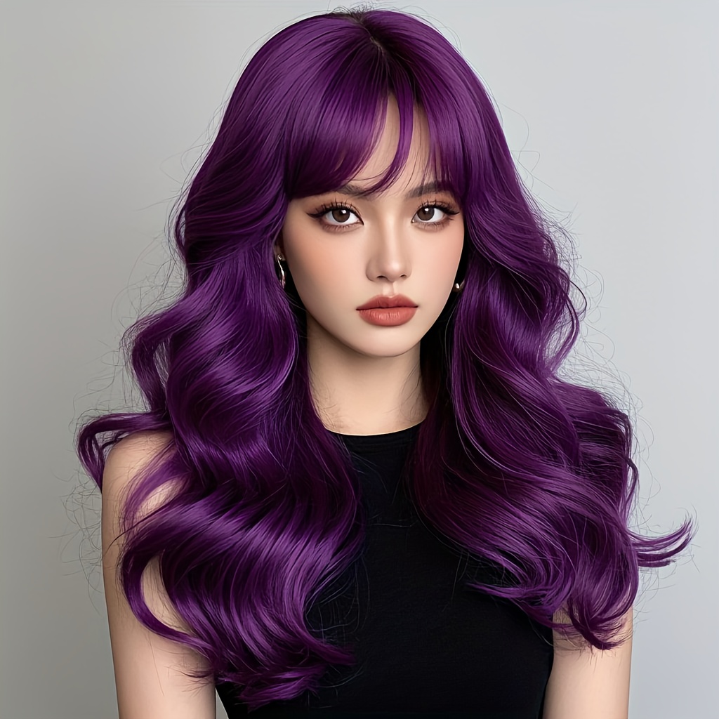 TEMU 32-inch Vibrant Purple Wavy Heat-resistant Synthetic Fiber Costume Wig With 150% Density & Adjustable - Long Curly Hair For Halloween , Cosplay,