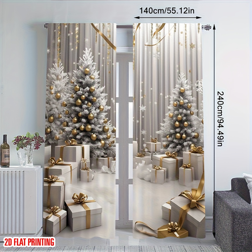 TEMU 2d Flat, 2pcs Versatile Printed Curtains, Golden Winterfest Beautiful Patterns, Suitable For Apartments, , And Spacious Living Rooms, 2d Flat