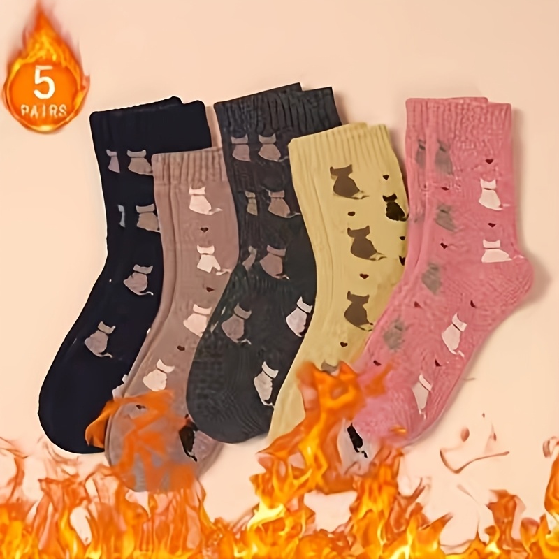TEMU 5 pares de calcetines de media caña para mujer, cómodos, casuales y a , con estampado de gato