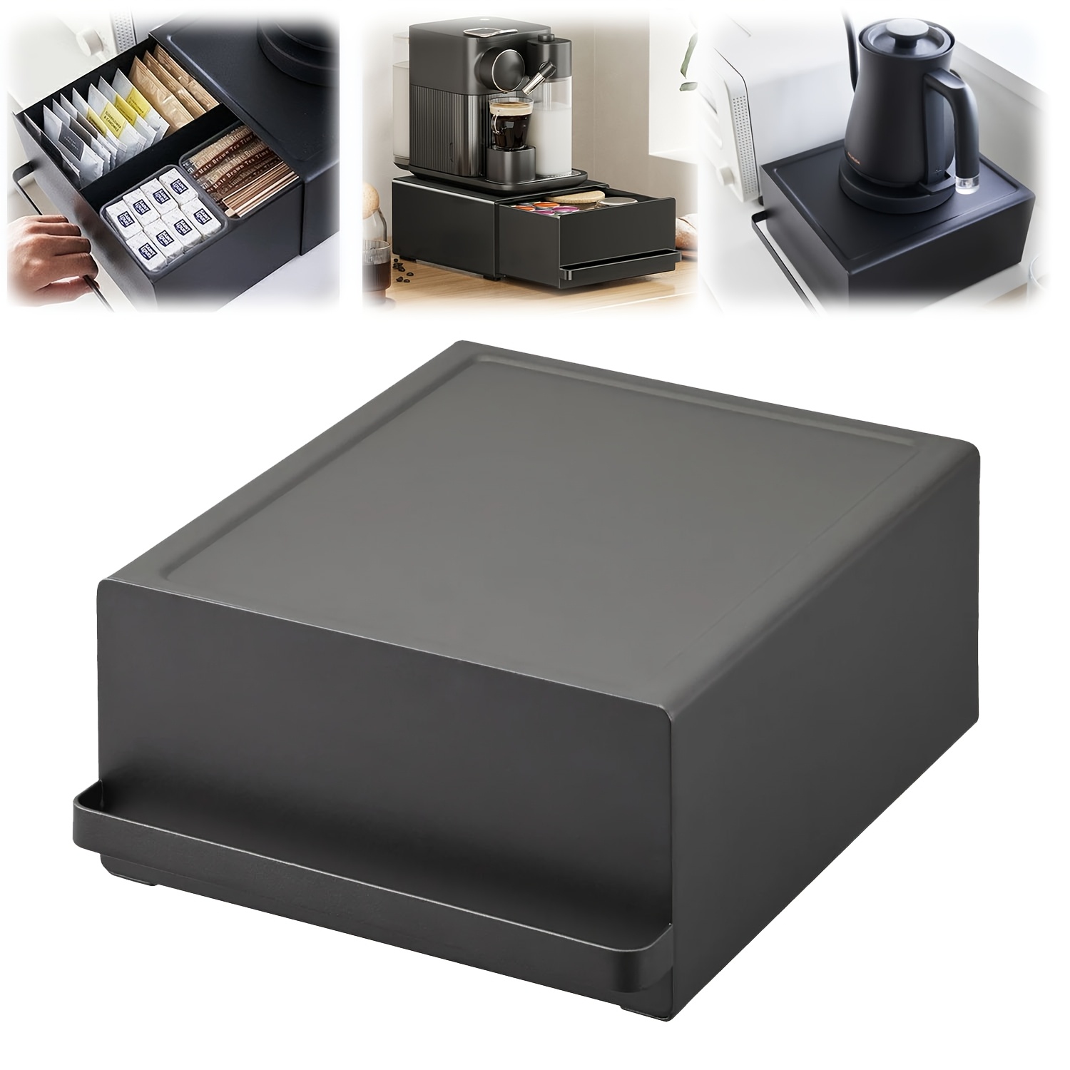 Image of Countertop Organizer With Drawer, Divider Tray Organizer, For Coffee Maker, Water Dispenser, Water Purifier Stand, Coffee Pod Tray, Pull-out Drawer, Divided Compartment Tea Bag Storage