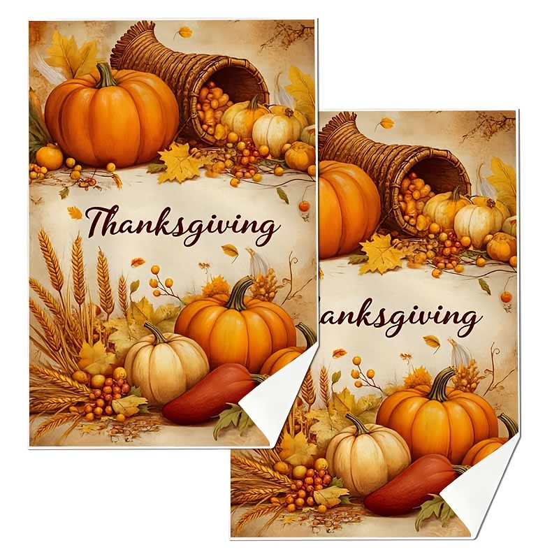 TEMU 2pcs Serviettes de Cuisine Automne Récolte Thanksgiving - Torchons en Polyester Absorbants 18x26in, Décor Rustique Ferme avec Citrouilles et Blé