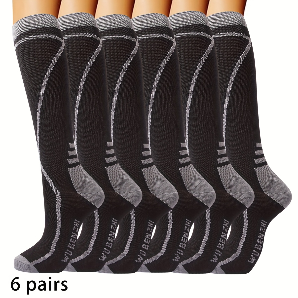Image of 6 Pairs Of Unisex Long Compression Socks, Suitable For Sports Support, Running, Cycling, And Travel, Featuring A Graduated Compression Design ( & Gray & Black)