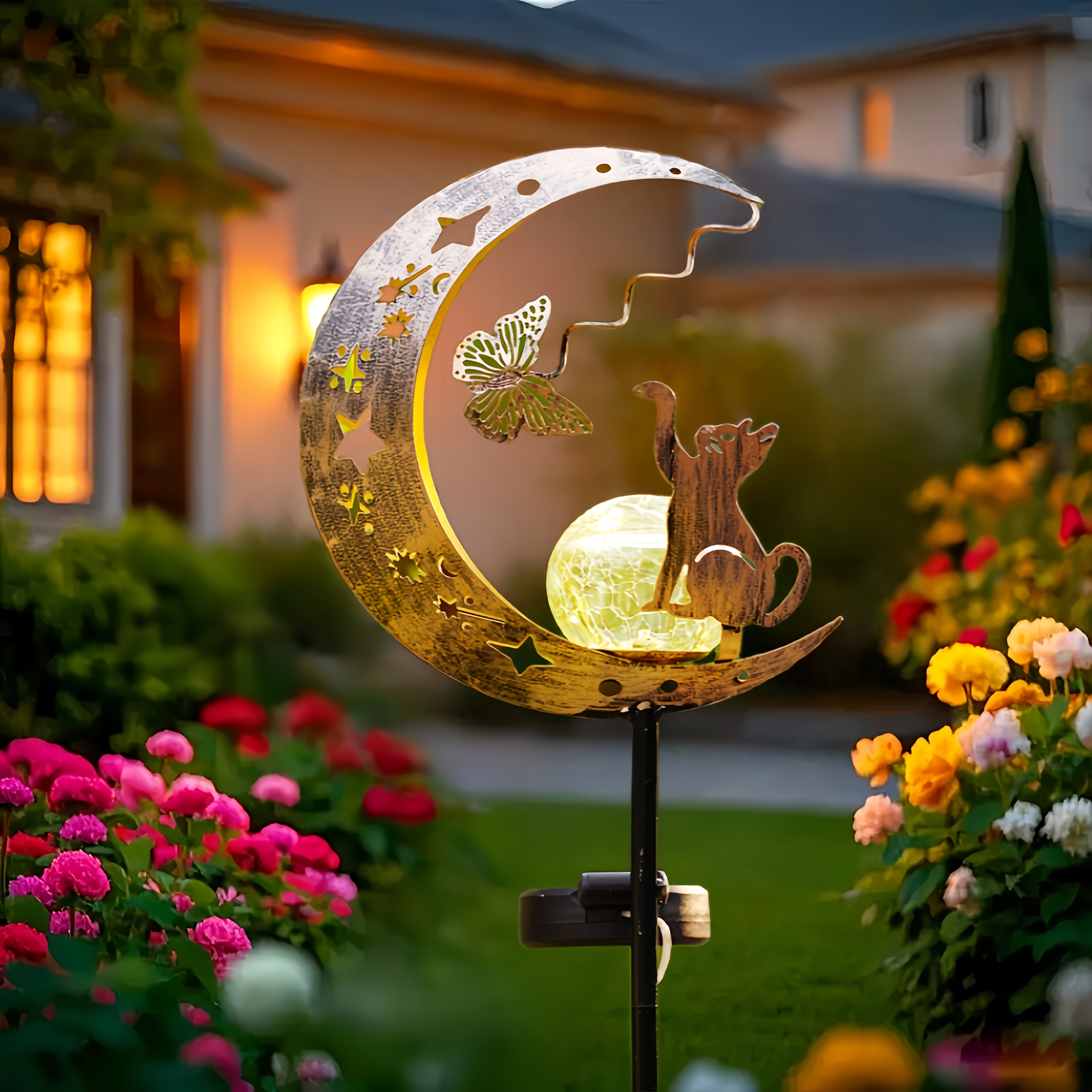 E-shop 1 Neue solarbetriebene Außen-Bodenleuchte mit Katze Schmetterling, LED-Mond-Steckleuchte für den Außenbereich, warmweiße LED-Dekoleuchte,