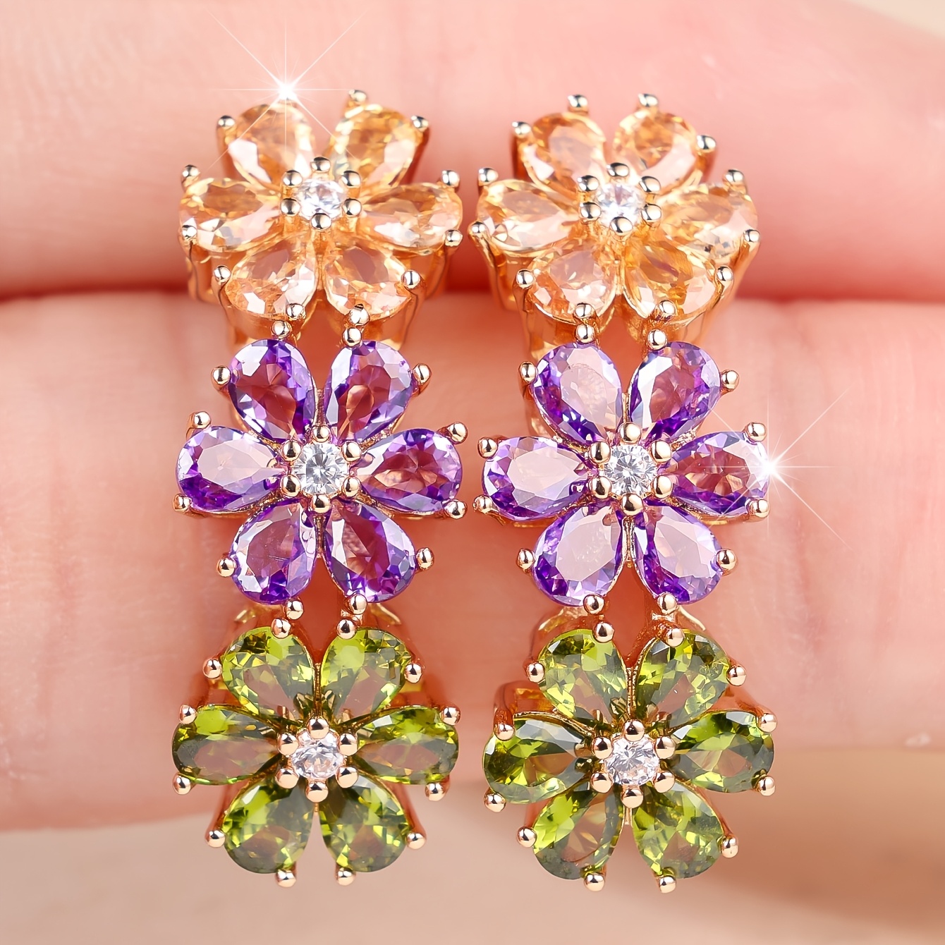 TEMU A Pair Of Elegant Women's Earrings Featuring Cascading Triple-color Floral Designs With Inlaid Cubic Synthetic Zirconia, Suitable For Vacation