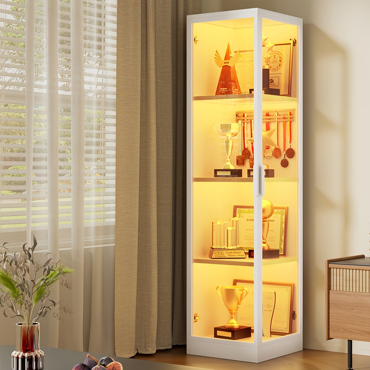Narrow Double-opening Glass Door Display Cabinet With Led Lights, Four-layer Vertical Dustproof Display Cabinet For Hand-made Models, Building Blocks, Blind Boxes, And Collectibles.