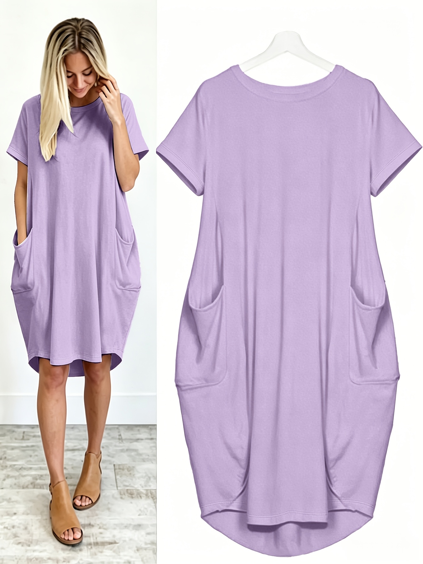 Plus Size - Plus Size - Chibi   Directional Beautiful Women S Plus Size Round Neck Loose Short Sleeve Solid Color Dress, with Pockets