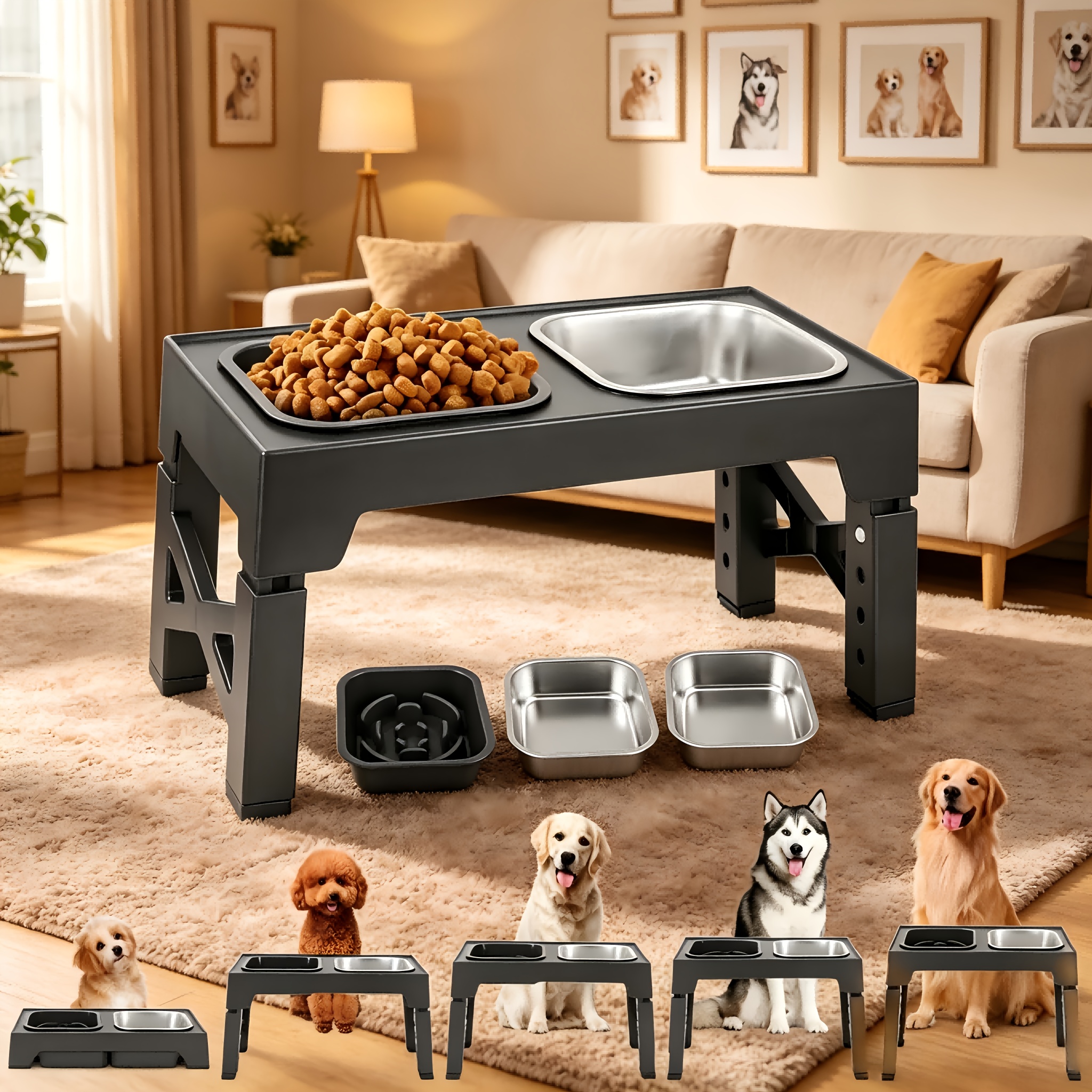 Image of Elevated Dog Bowl, 5-level Height Adjustable, With 2 Stainless Steel Bowls And A Slow-feeding Bowl, Foldable Pet Feeder For Large And Medium-sized Dogs, Gray Pet Feeder