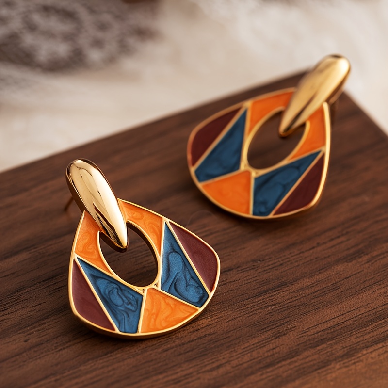 

1 Pair Bohemian Geometric Gold-plated Enamel Earrings For Women – Retro With Vibrant Colors, , Holidays, Parties, And Gift Accessories, Quirky Earrings