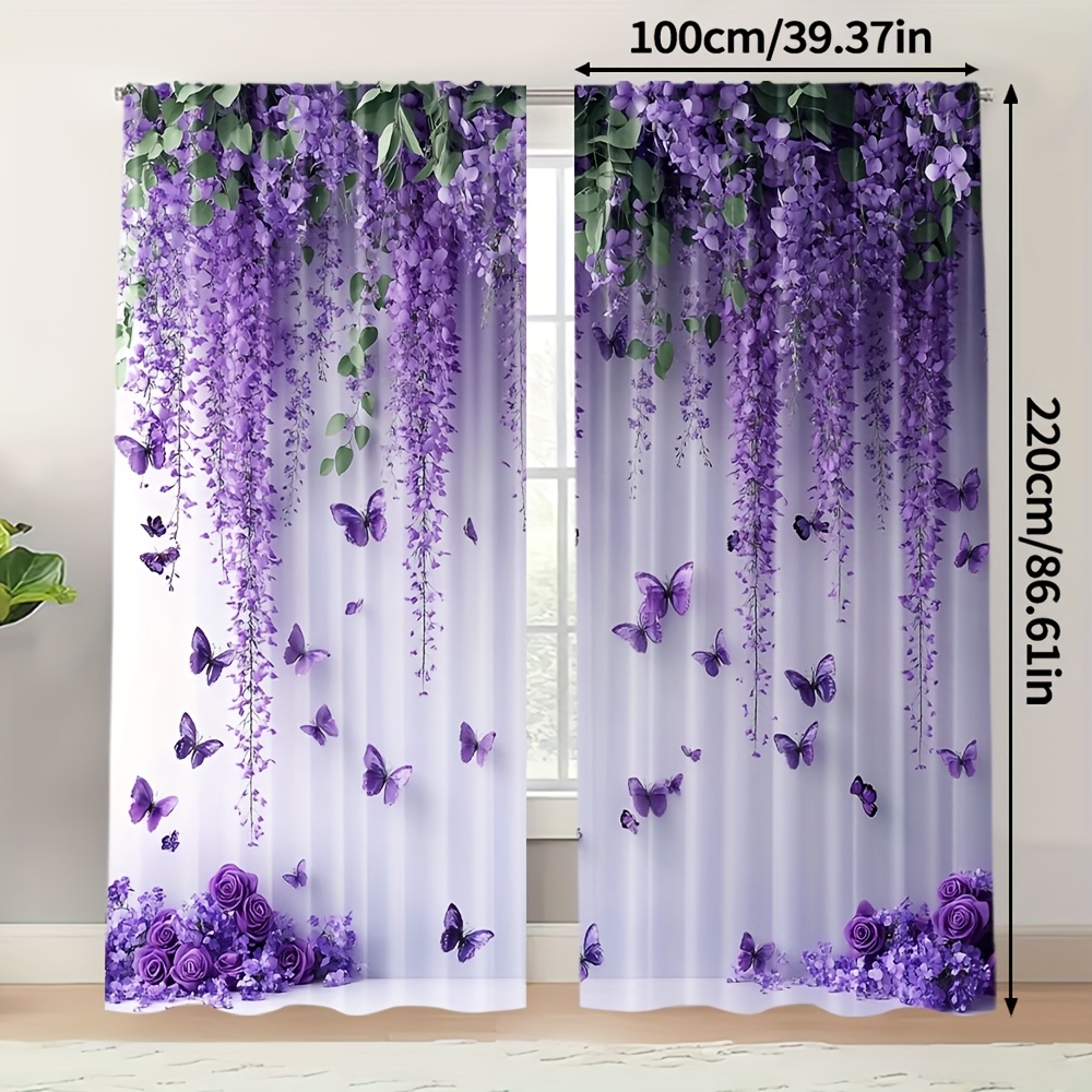 TEMU Set Of 2, Stylish Spring Curtains Featuring Modern Purple Flowers And Butterflies, Made Of Polyester, Suitable For Holiday Decor In Bedrooms,