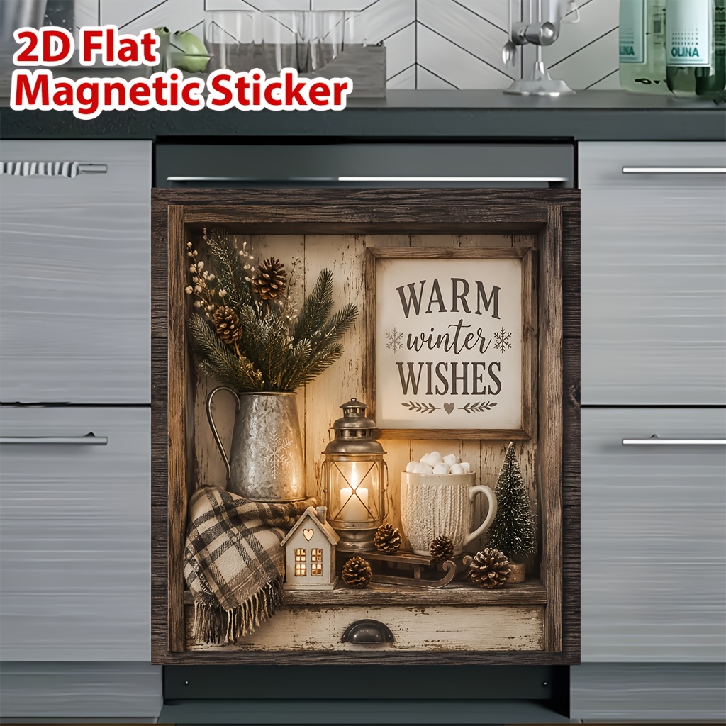 TEMU 2d Flat Magnetic Dishwasher Cover, 1pc, Warm And Pattern, Reusable, Scratch-resistant And Easy To Clean, 23x25., Suitable For Dishwashers And