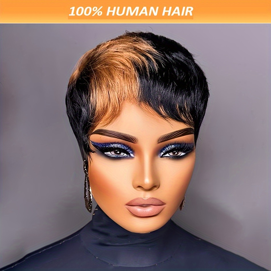 

1b/30 Short Cut Human Hair Wig With Bangs, Black With Honey Blonde , 180% Density, Glueless Full Machine Made, Daily Party Use, Halloween Wig For Women, Rose Cap, Straight Hair, Black Hair