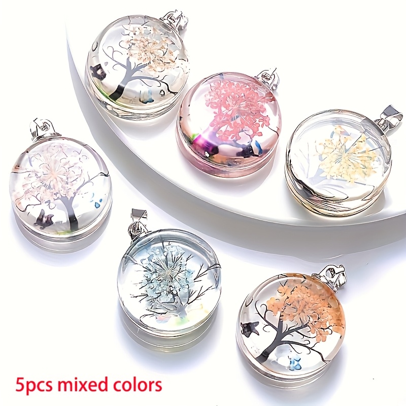 Image of 5pcs Mixed Color 25mm Starry Dried Flower Round Glass Pendant, Suitable For Diy Necklace Pendant Accessories - Elegant Necklace Jewelry And Craft Supplies