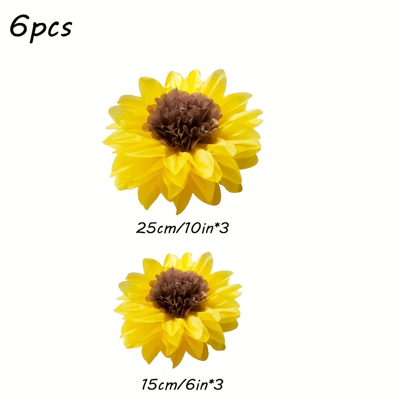 6pcs Vibrant Yellow Sunflower Tissue Pom Poms - Realistic Paper Flower Decorations For Weddings, Birthdays, Baby Showers, And Home Party Backdrops, Halloween Decorations, Christmas Decorations