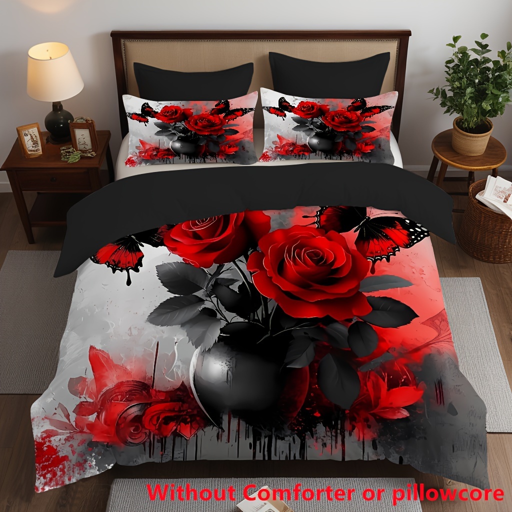 

Dark Red Rose And Butterfly Print Duvet Cover Set: 1 Duvet Cover + 1/2 Pillowcase, Without Core - Soft Comfortable Bedding For Bedroom Decor