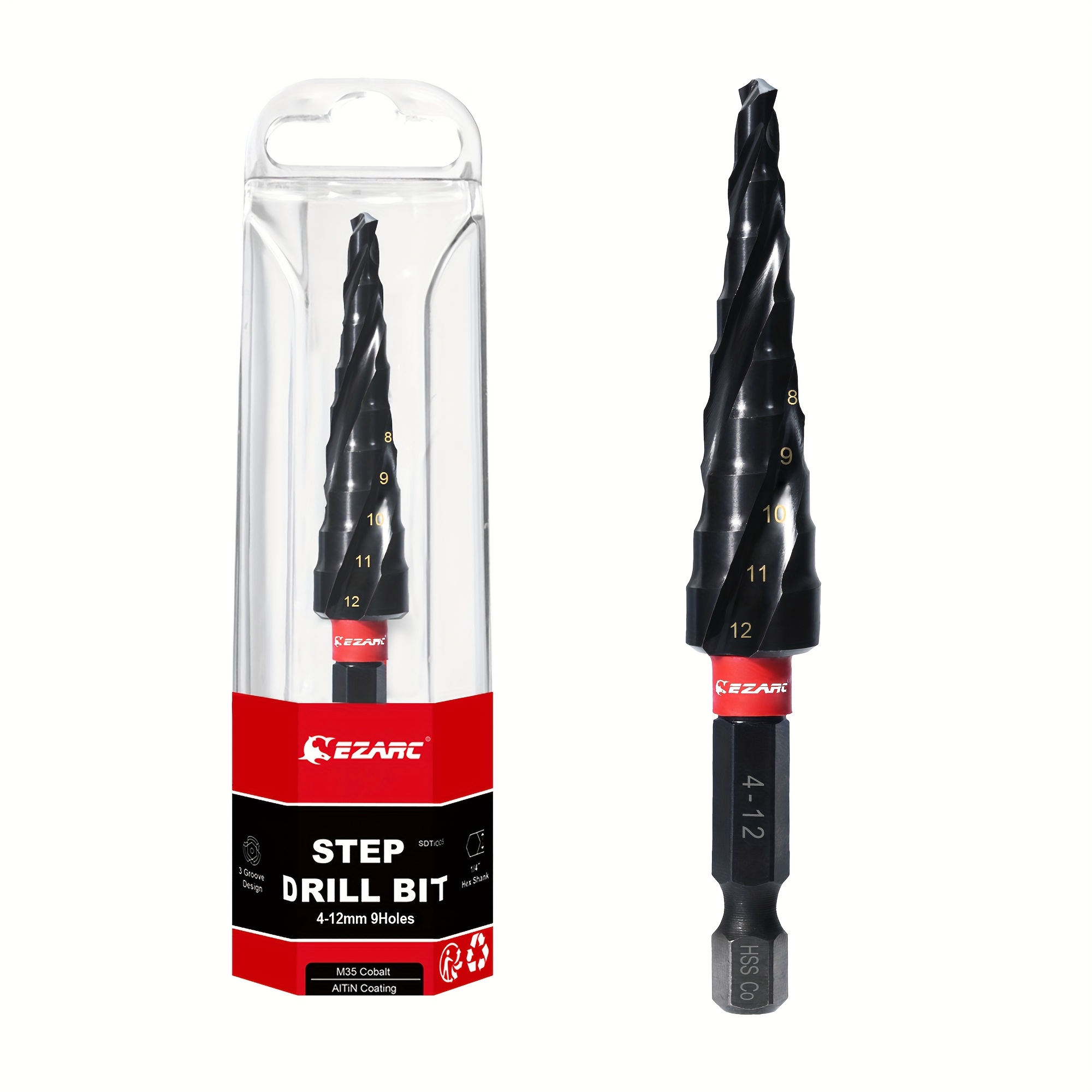 Image of Ezarc Tapered Step Drill Bit 4-12mm Hss Finish For Metal, Stainless Steel, Aluminum, Wood, And Plastic - 9-level Cone Drill