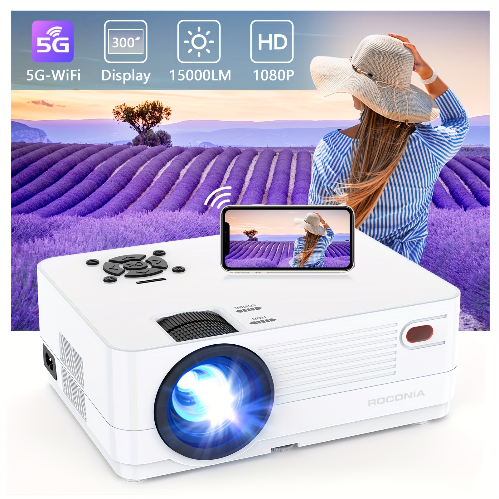 

5g Wifi Wireless Native 1080p Projector, 12000lm Full Hd Movie Projector, 300" Display Support 4k Home Theater, Compatible With Ios/android//ps4/tv Stick/hdtv/usb (white)