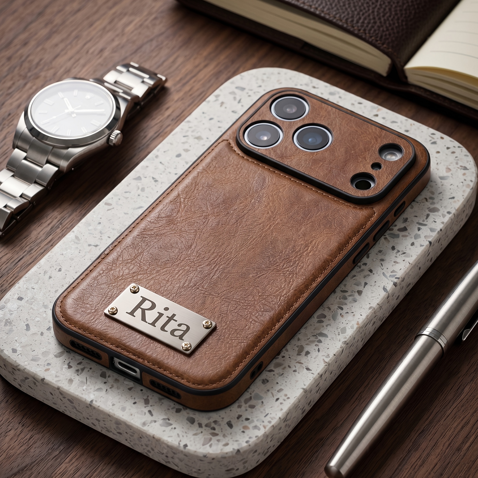 TEMU Phone Case: Personalized Custom Laser Engraved Metal Plate Phone Case Premium Faux Cowhide Synthetic Leather Texture Protective Cover Shockproof