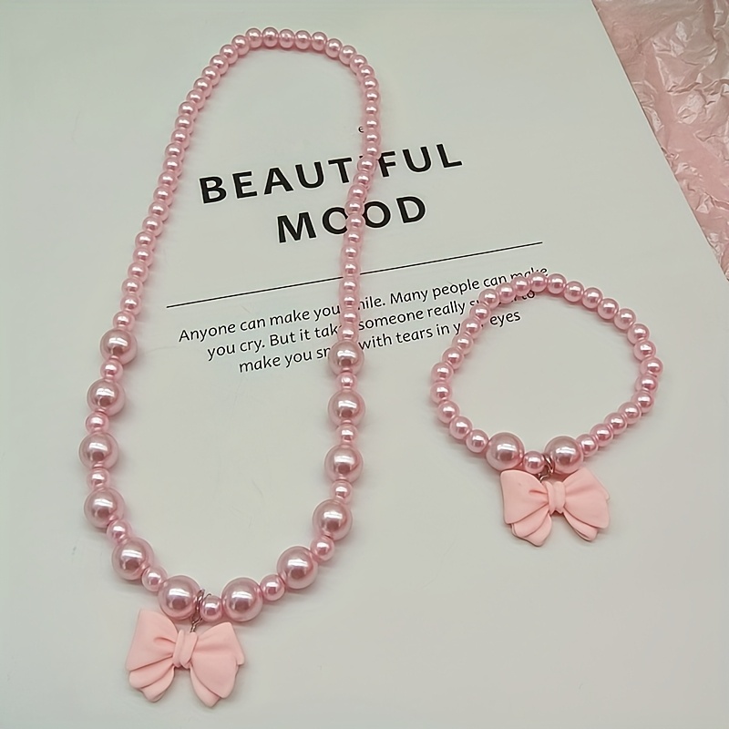 Pink -like Girls' Necklace And Bracelet Set, Cute Beaded Neck Chain Accessory