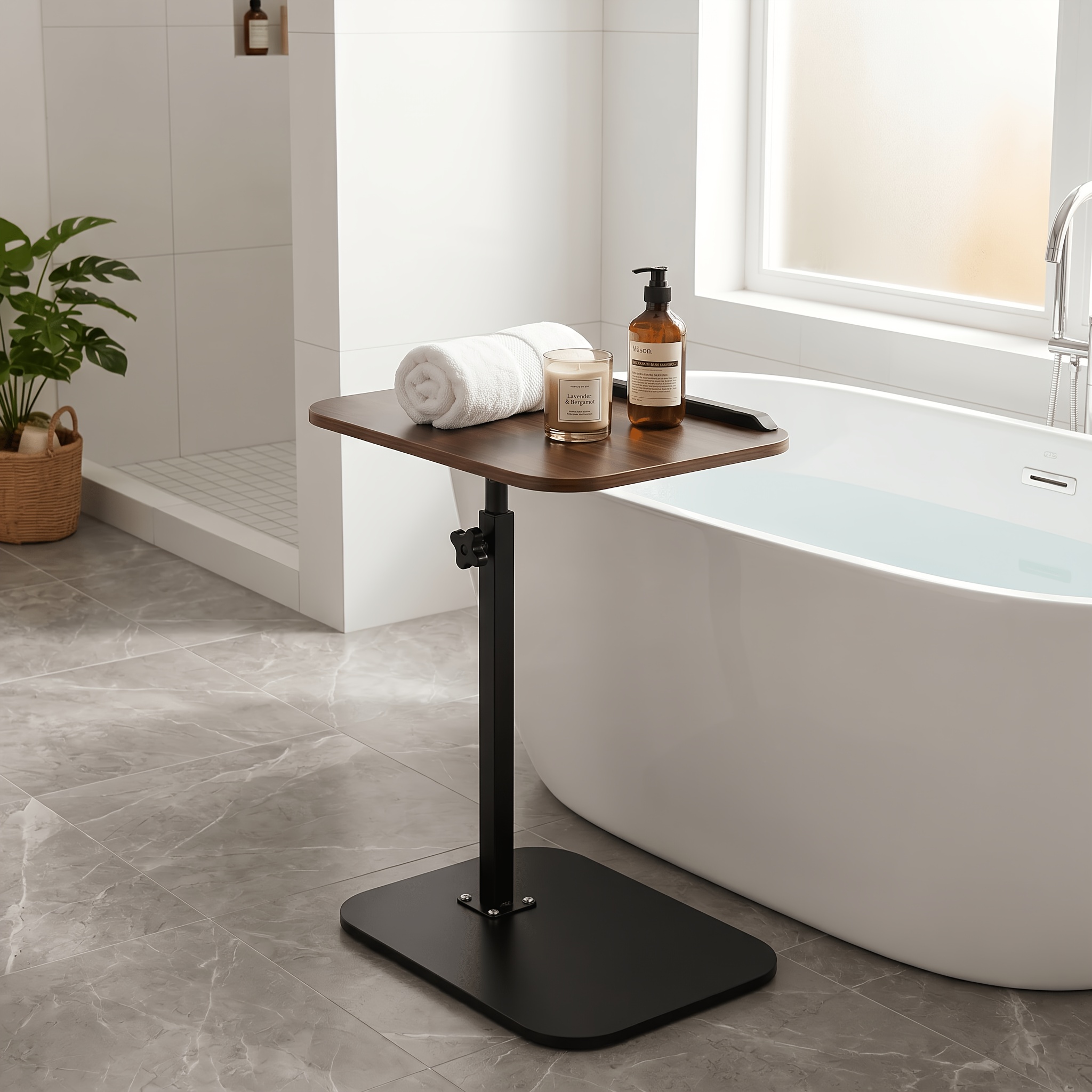 Image of Bathtub Tray With Storage Space, 360° Rotatable, Adjustable Side Table, , Bedside Table, Equipped With A And Durable Metal And Hardwood Structure, Suitable For Bathrooms, Bedrooms And Living Rooms