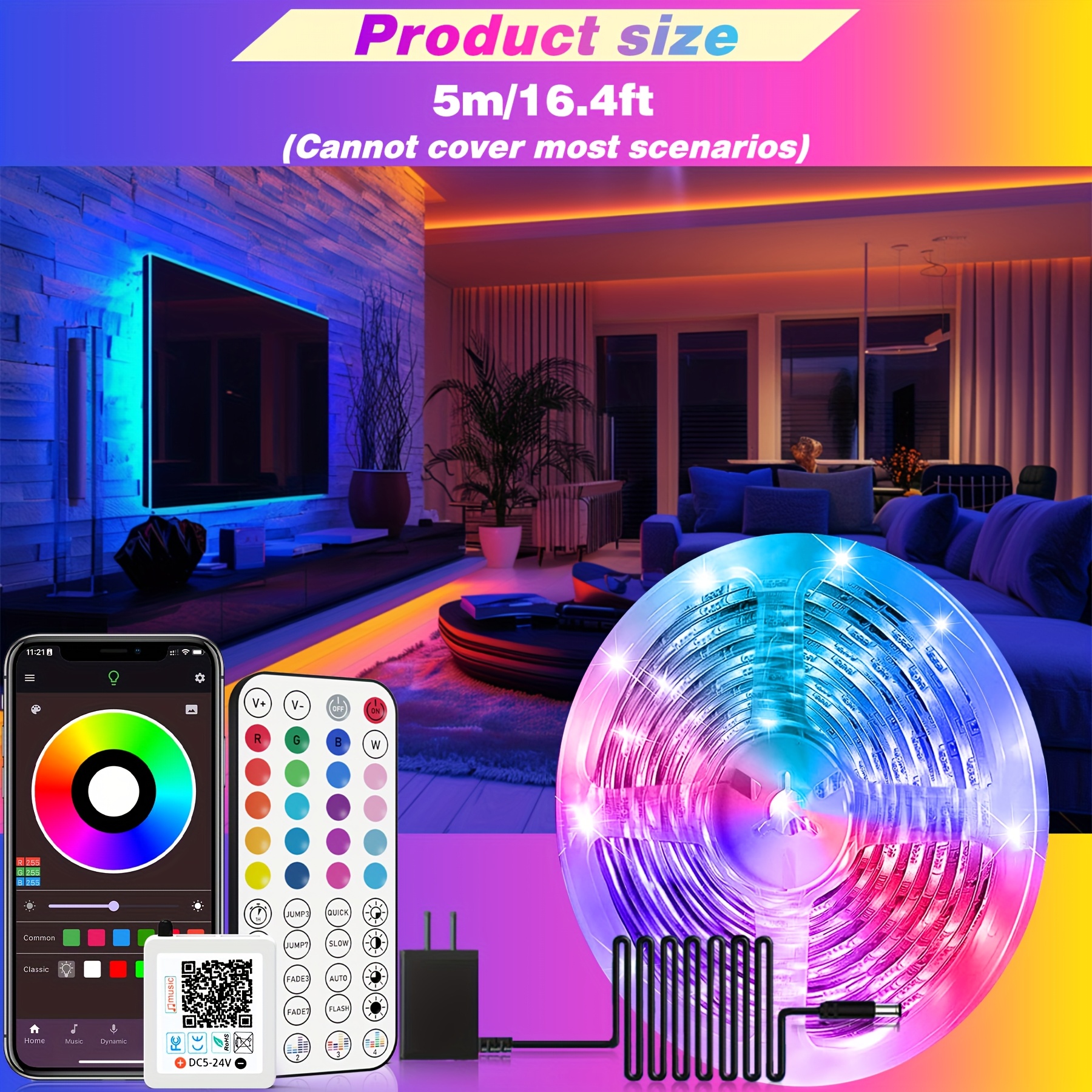 TEMU 100ft 2 Rolls Of 50ft 24v Led Strip Lights For Bedroom, With 44-key Remote Control, Rgb Color Changing Music Synchronized Led Light Strip, App