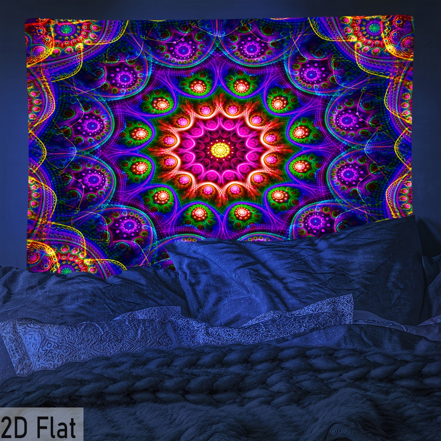 2D Ploščata - 2D Ploščata - 1 kos 2D Ploščata Boemska Mandala Fluorescentna Tapiserija | Hippy Poliestrska UV Tapiserija za Črno Svetlobo,