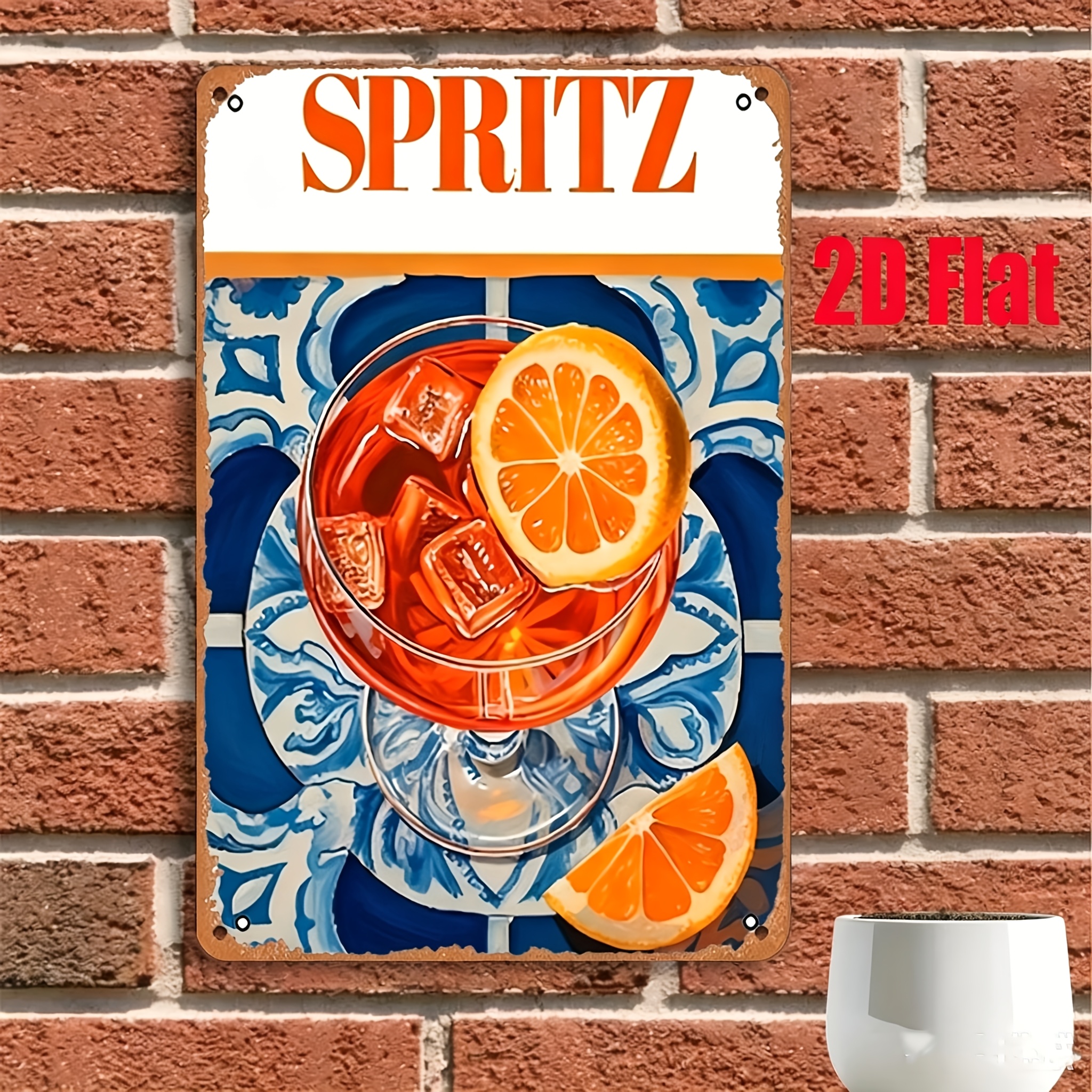 TEMU 2d Flat, 2d Flat 1pc Sign. The Iron Sign An Orange With Ice Cubes And An Orange , On A Blue And White Patterned Plate. Iron Sign Measures 8x12