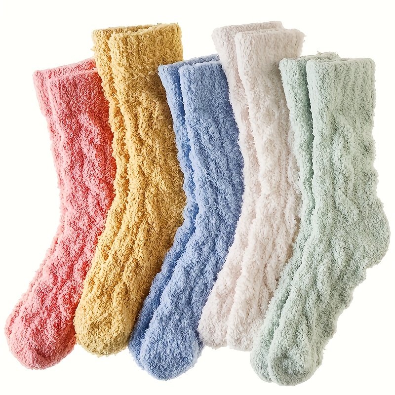 TEMU 5 Pairs Women's Thickened Coral Thermal Socks - Macaron & (pink, Pastel Shades) - Winter Warm Floor/bed Socks For Home, Soft Cozy Long Socks For