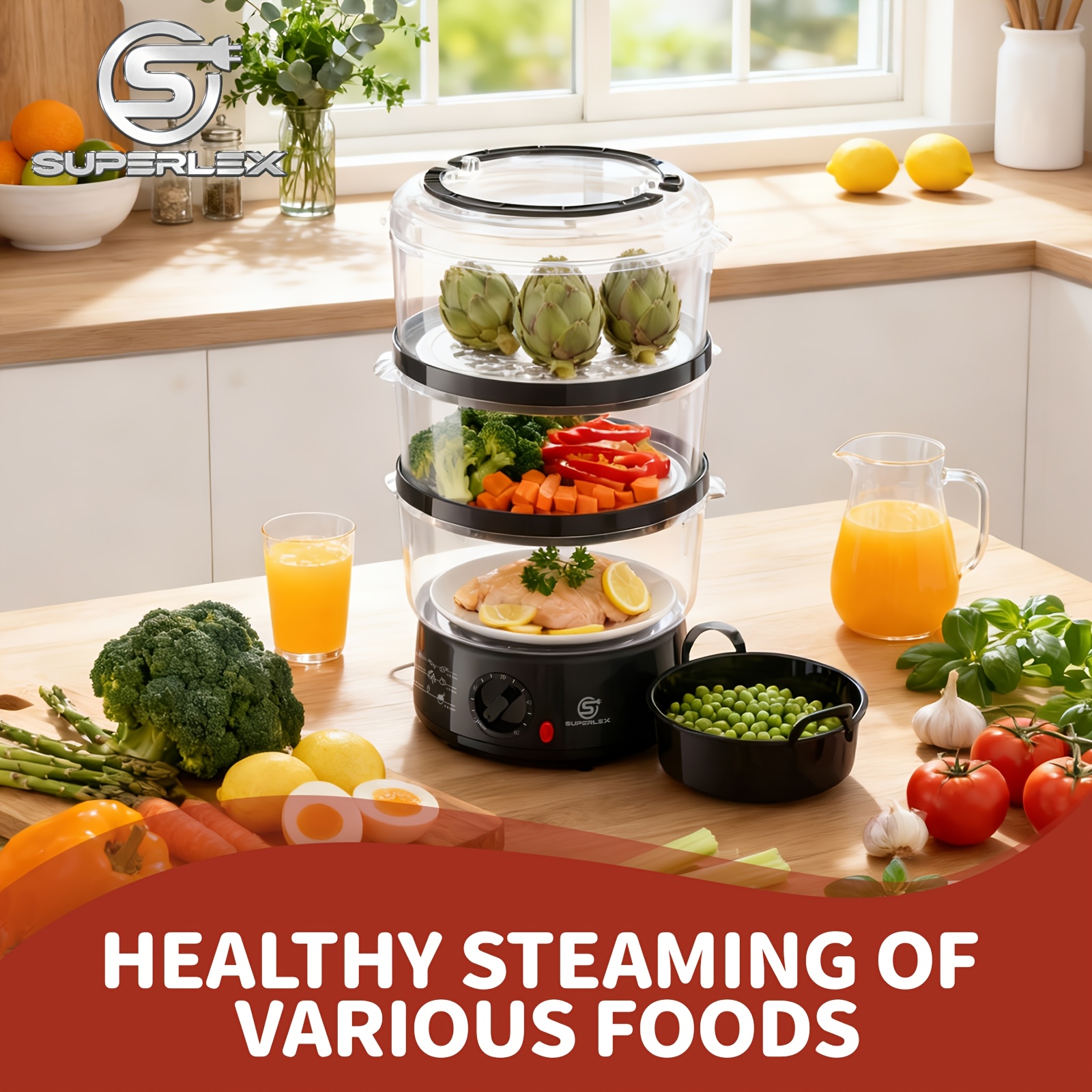 TEMU Superlex 3 Tier Food Steamer Electric 7.5l Steam Cooker With 3 Steam Baskets Bowl Compact Healthy Steamer Cooking For Vegetables Meat Fish And
