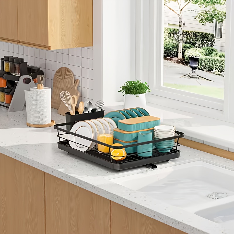 Single-layer Dish Rack With Drainage Tray And Utensil Holder, Designed To Countertop Space For Kitchen Storage And Organization