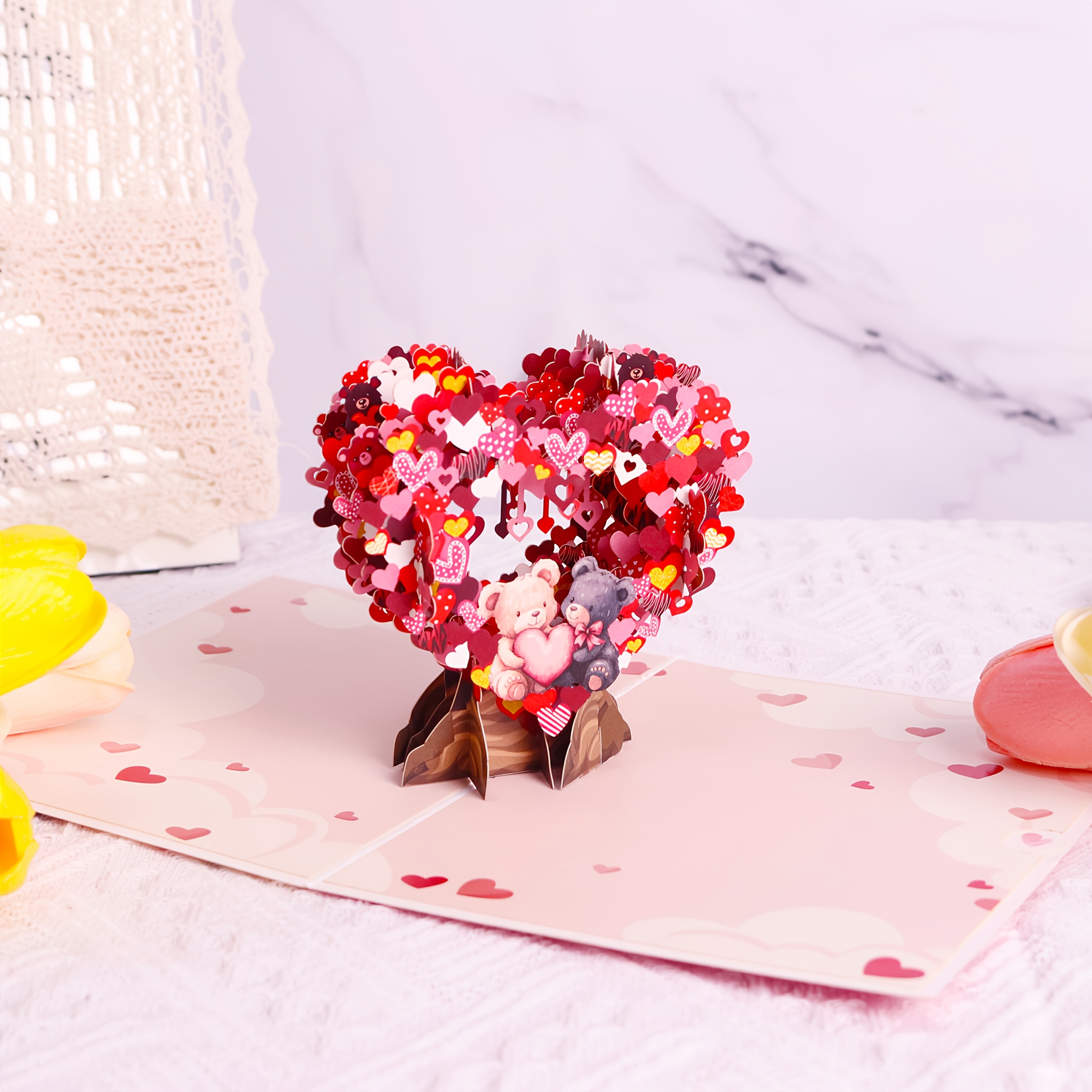 Valentine'S Day 3D Pop-Up Card with Heart-Shaped Balloons & Two Bears - Pastel Pink & Red Love Message, Heart Cutouts & Confetti Design, Romantic Anniversary/christmas Greeting Card For Couples