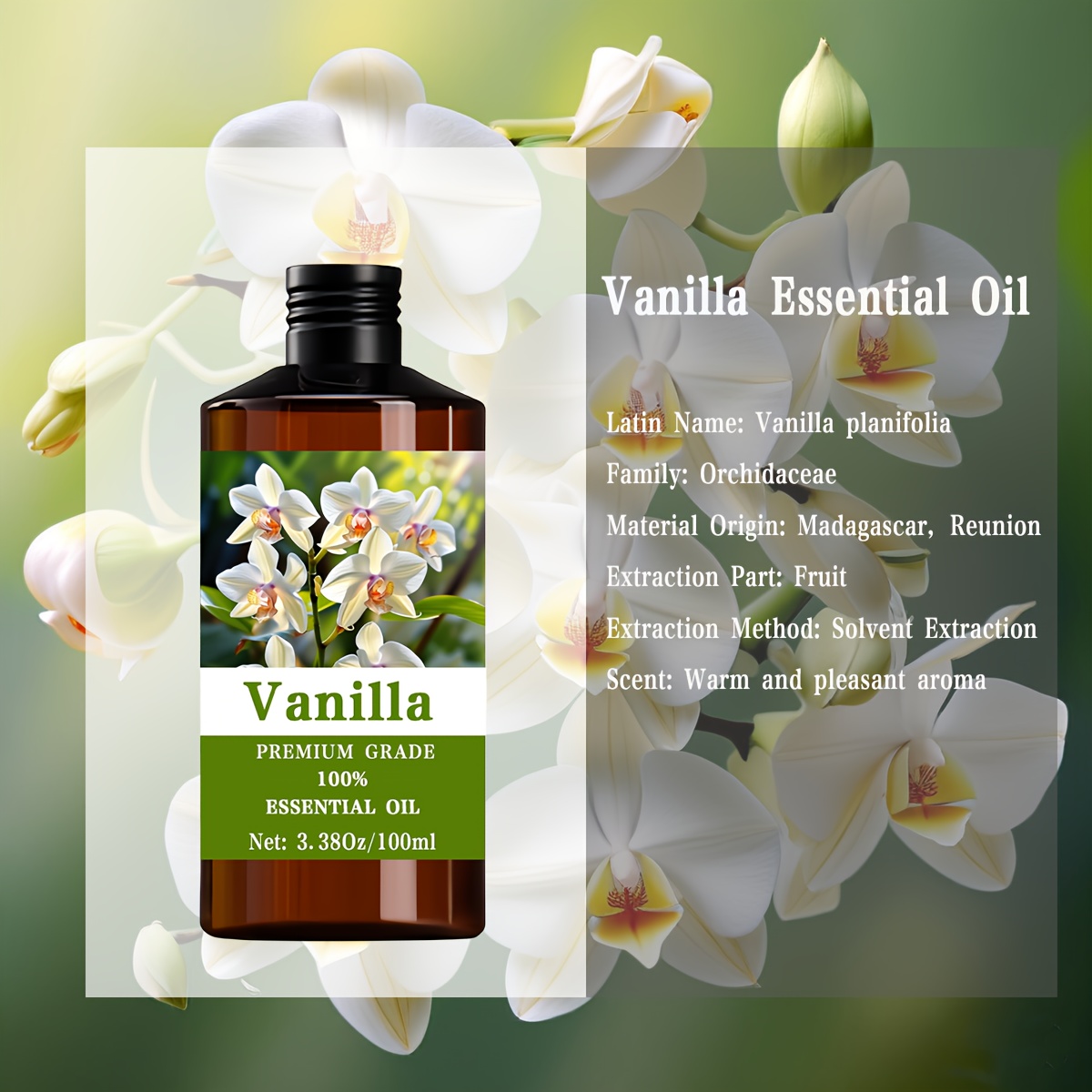 100 ml/3,38 fl.oz d'huile essentielle de vanille, entièrement pure et naturelle, adaptée aux soins des ongles, des cheveux et de la peau, ainsi qu'aux massages et aux humidificateurs. Cette huile essentielle hydratante est idéale pour les hommes et les femmes, favorisant la relaxation et la méditation.