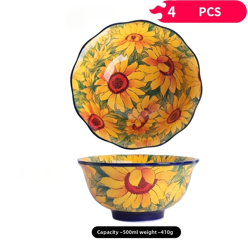 Image of 5 Inch Ceramic Bowls Set Of 2/4, Underglaze Sunflower Pattern Bowls For Rice, Soup, Dessert& Snacks, Microwave& Dishwasher Safe