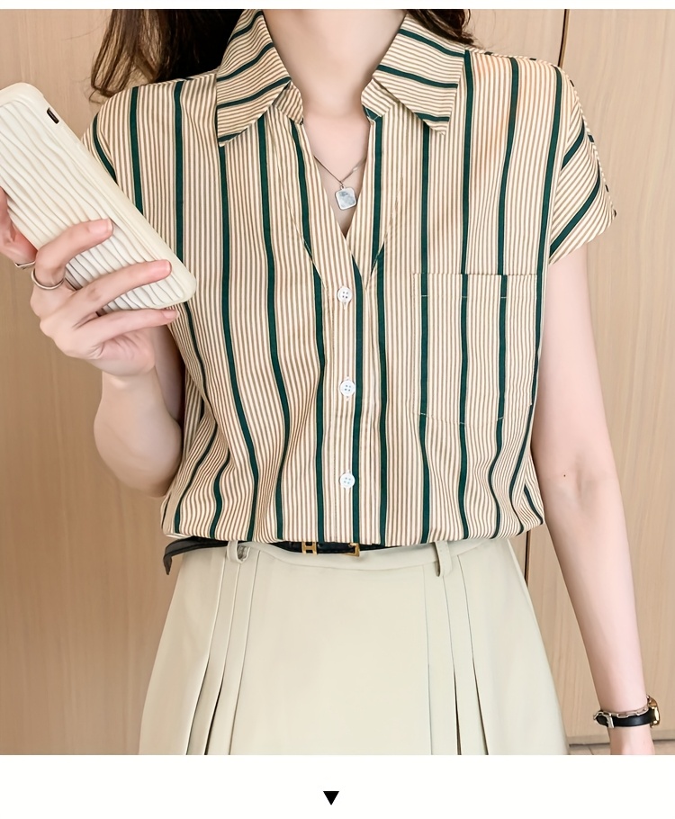 Hong Kong Style Casual Summer New Women's Chiffon Short Sleeve Open Front Shirt Blouse