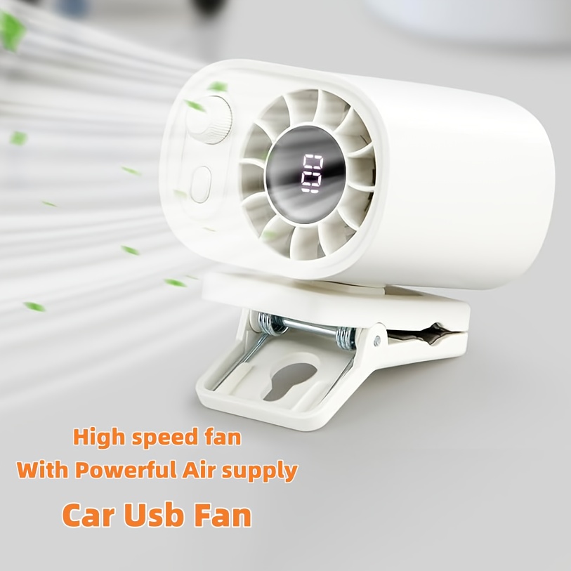 TEMU Car Clip On Fan With Led Display - 360° Rotation, 100 Adjustable, Usb Rechargeable Personal Cooling Fan 1800mah Battery