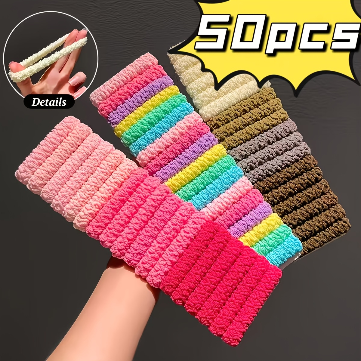 TEMU 50pcs High-elastic Scrunchie Set, Solid Color Wide Bubble Hair Ties That Don't Damage Hair, Simple Basic Hairbands For Everyday Ponytails,